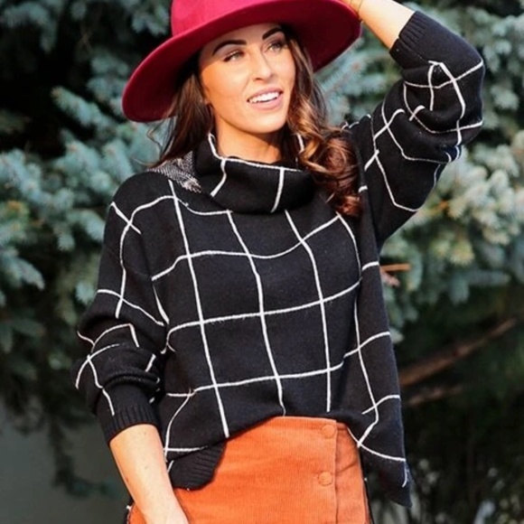 Black Grid Printed Long Sweater Plaid Pattern Split Sides Pullover Turtleneck - Picture 3 of 14